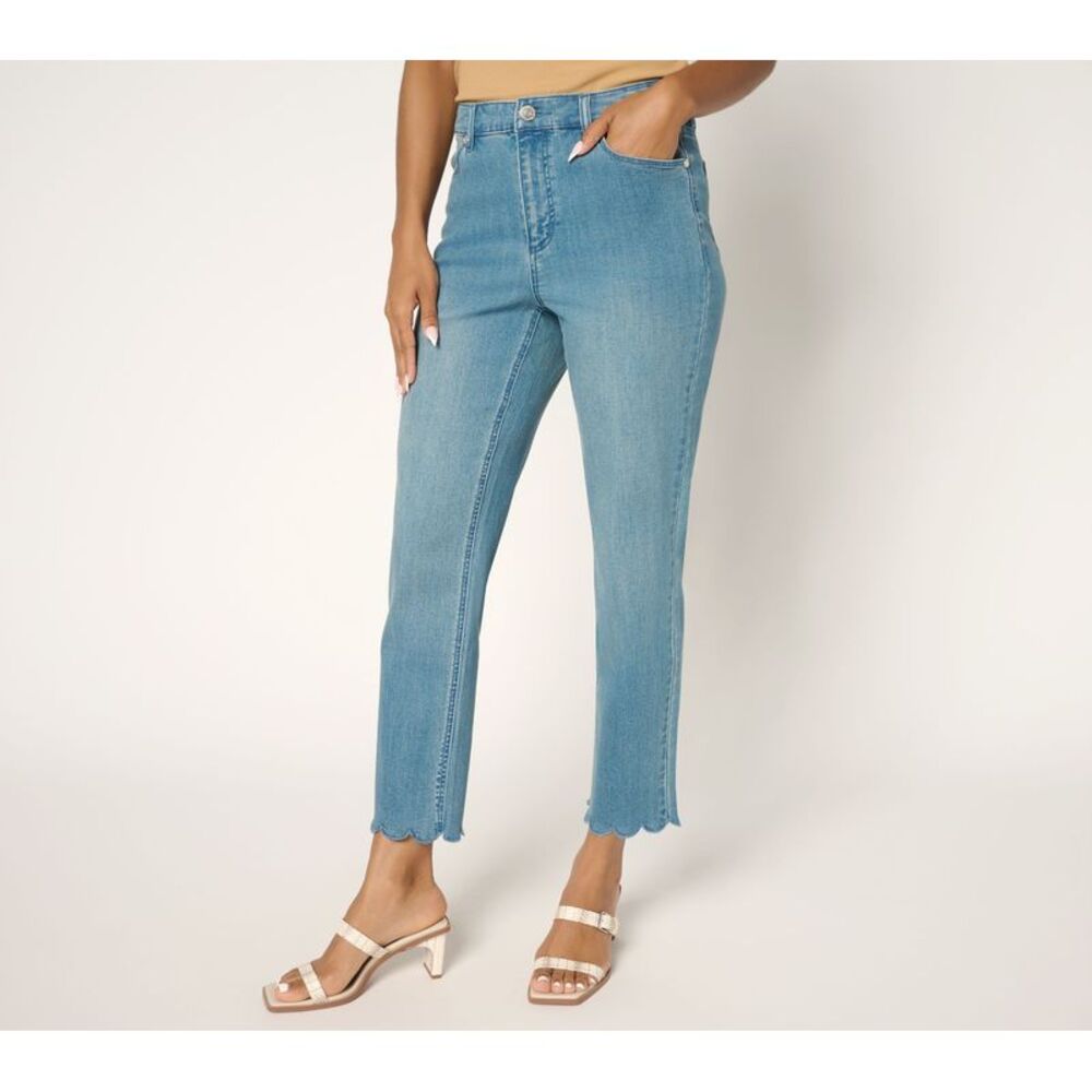 Susan Graver Women's Pants Sz 8 Denim Scallop Hem Ankle Jean Blue